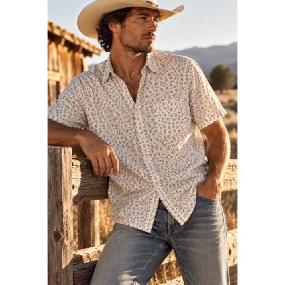 Denim & Supply Ralph Lauren Mens XXL Floral Short Sleeve Button Down Shirt Cream